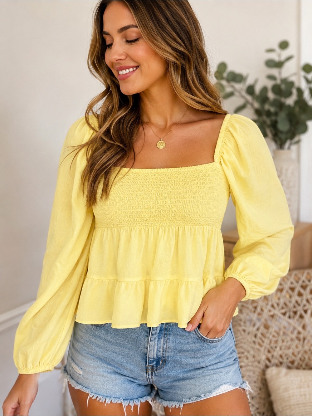 Planet Gold Yellow Smocked Square Neck Tiered Blouse Peplum Cottagecore